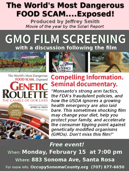 Genetic Roulette Film Showing, 2/15 at 7 PM; 883 Sonoma Ave, Santa Rosa